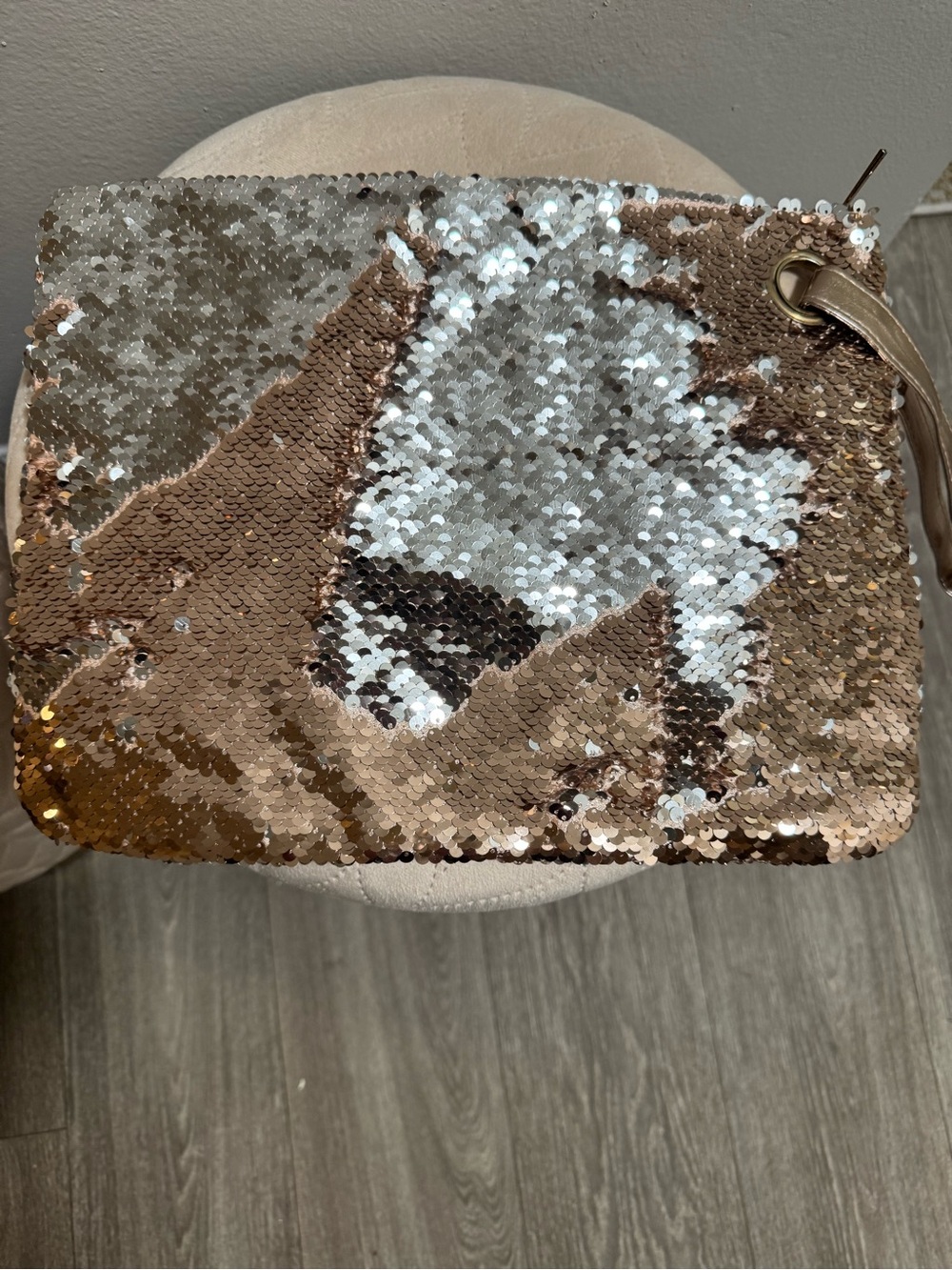 Sequined Reversible Sequin Wristlet Clutch in Rose Gold and Silver